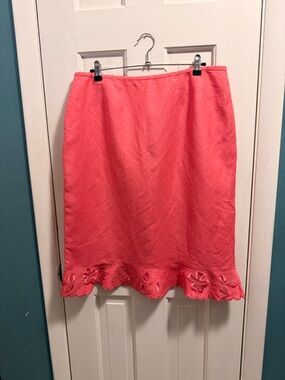 Le Suit Coral Pink Midi Skirt with Scalloped Embroidered Hem